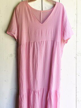 Plus Size 3X Pink Tiered Maxi Dress – Soft Flowy V-Neck Short Sleeve Dress